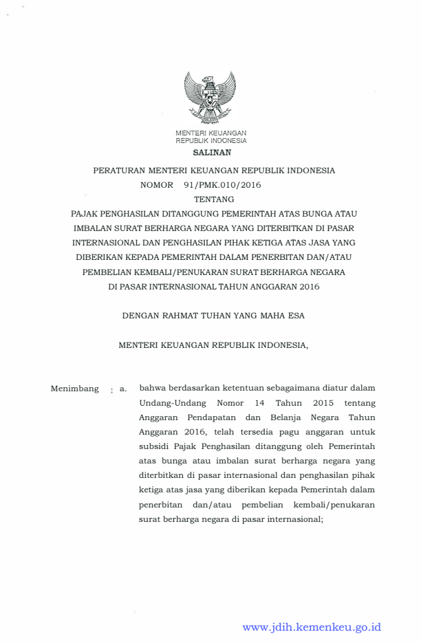 Peraturan Menteri Keuangan Nomor 91/PMK.010/2016