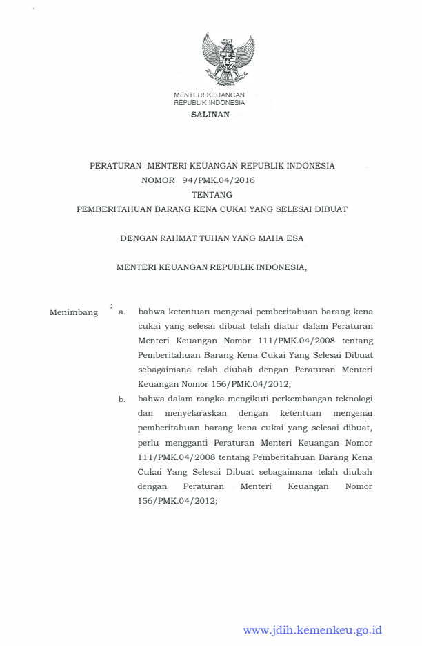 Peraturan Menteri Keuangan Nomor 94/PMK.04/2016