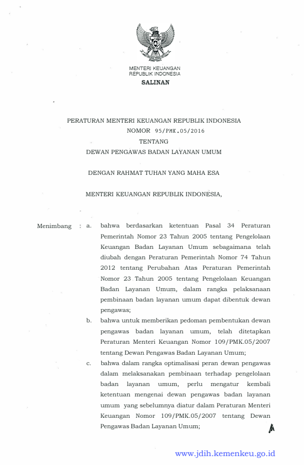 Peraturan Menteri Keuangan Nomor 95/PMK.05/2016