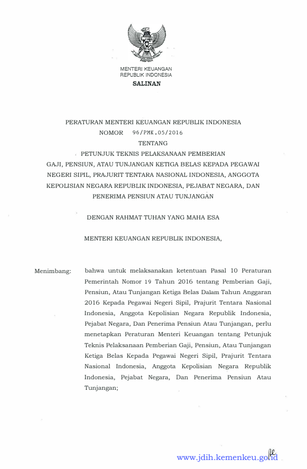 Peraturan Menteri Keuangan Nomor 96/PMK.05/2016