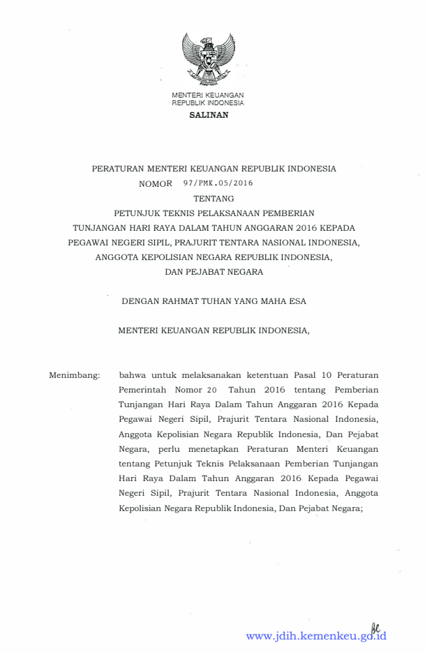 Peraturan Menteri Keuangan Nomor 97/PMK.05/2016