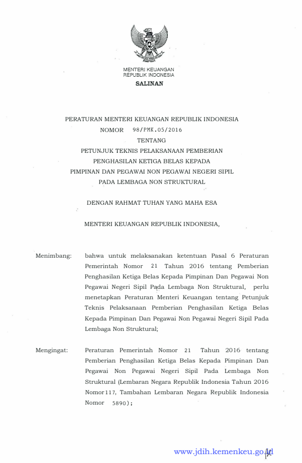 Peraturan Menteri Keuangan Nomor 98/PMK.05/2016