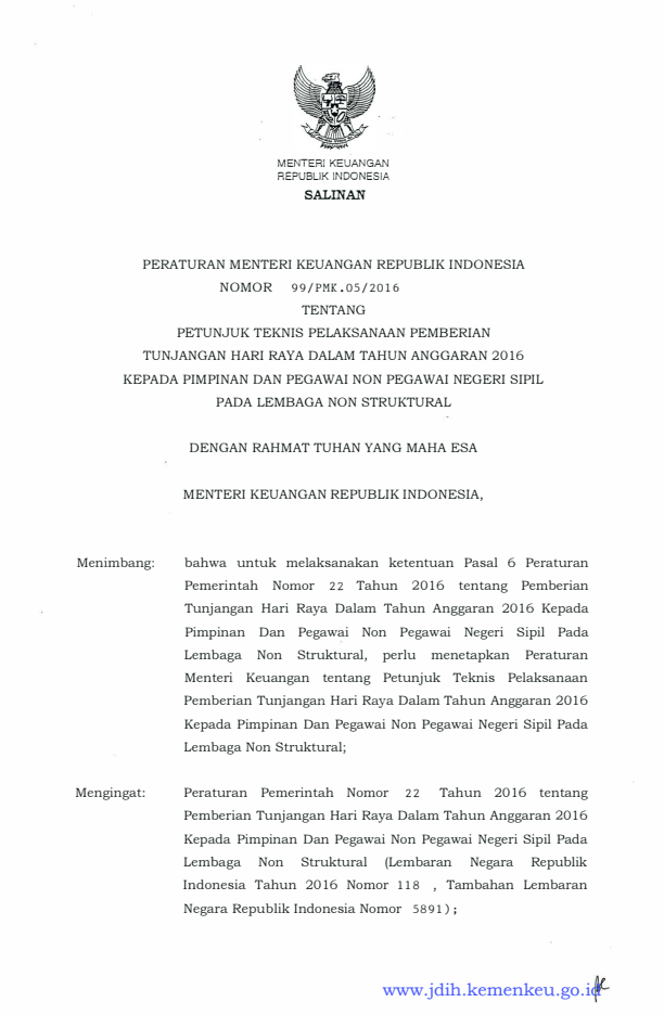 Peraturan Menteri Keuangan Nomor 99/PMK.05/2016