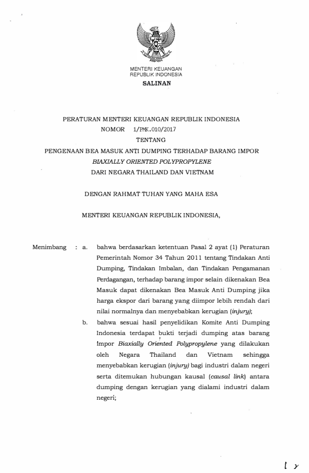 Peraturan Menteri Keuangan Nomor 1/PMK.010/2017