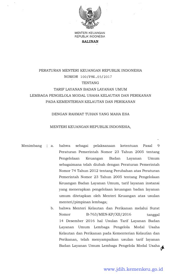 Peraturan Menteri Keuangan Nomor 100/PMK.05/2017