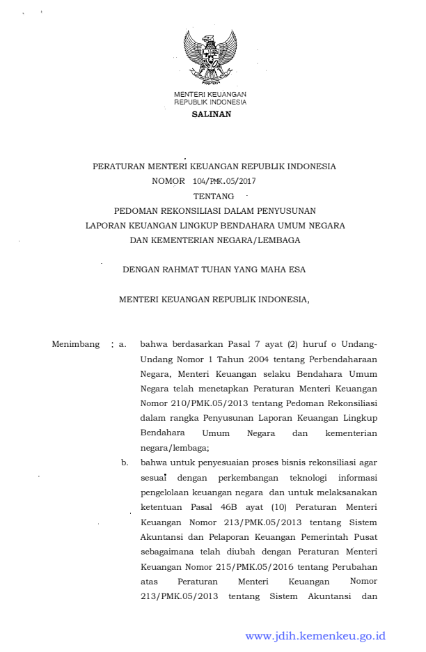 Peraturan Menteri Keuangan Nomor 104/PMK.05/2017