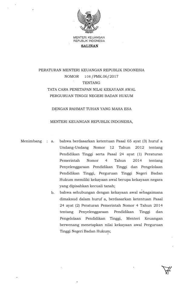 Peraturan Menteri Keuangan Nomor 108/PMK.06/2017