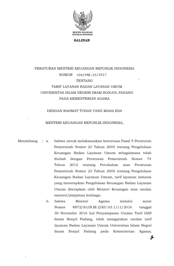 Peraturan Menteri Keuangan Nomor 109/PMK.05/2017