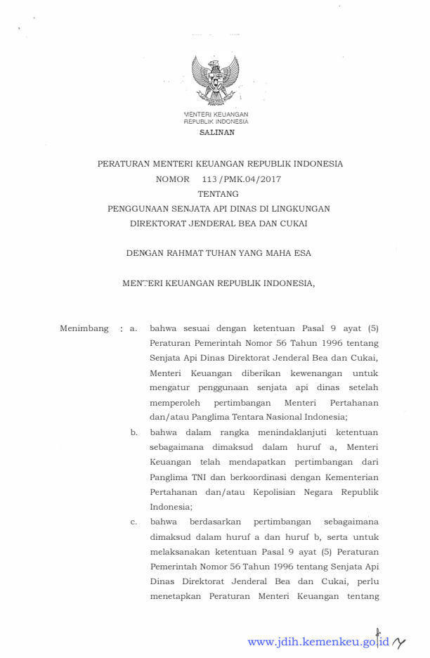 Peraturan Menteri Keuangan Nomor 113/PMK.04/2017