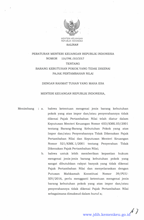 Peraturan Menteri Keuangan Nomor 116/PMK.010/2017