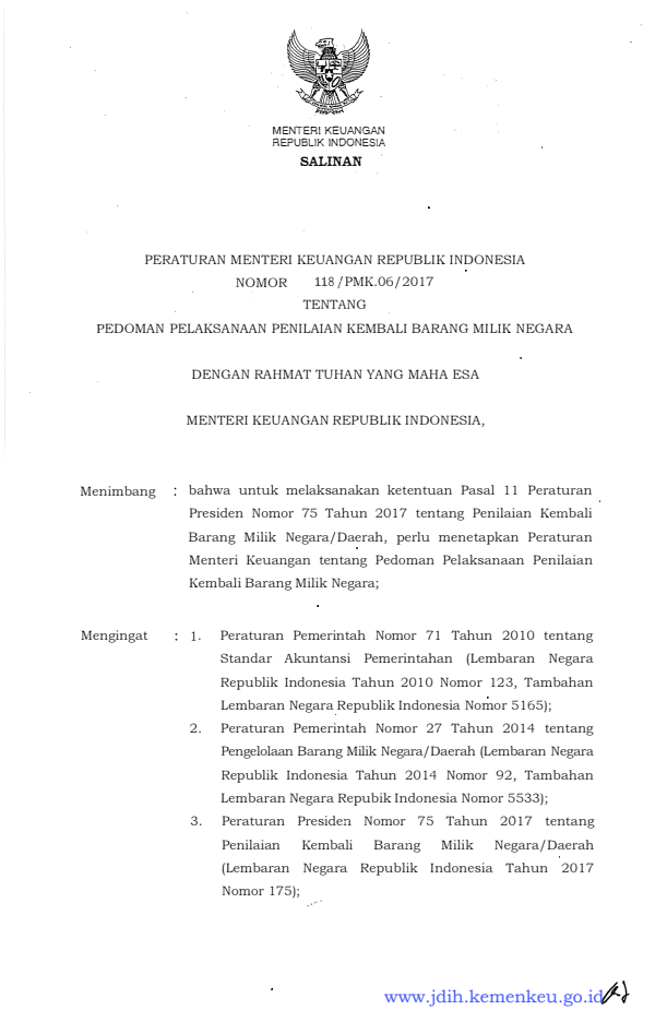 Peraturan Menteri Keuangan Nomor 118/PMK.06/2017