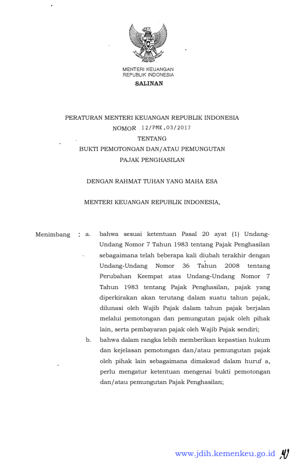 Peraturan Menteri Keuangan Nomor 12/PMK.03/2017