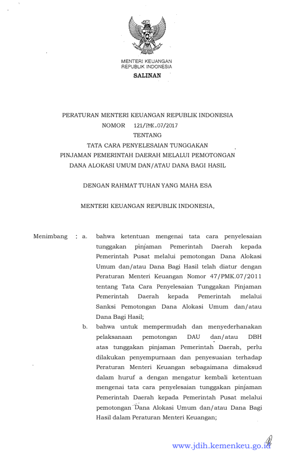 Peraturan Menteri Keuangan Nomor 121/PMK.07/2017