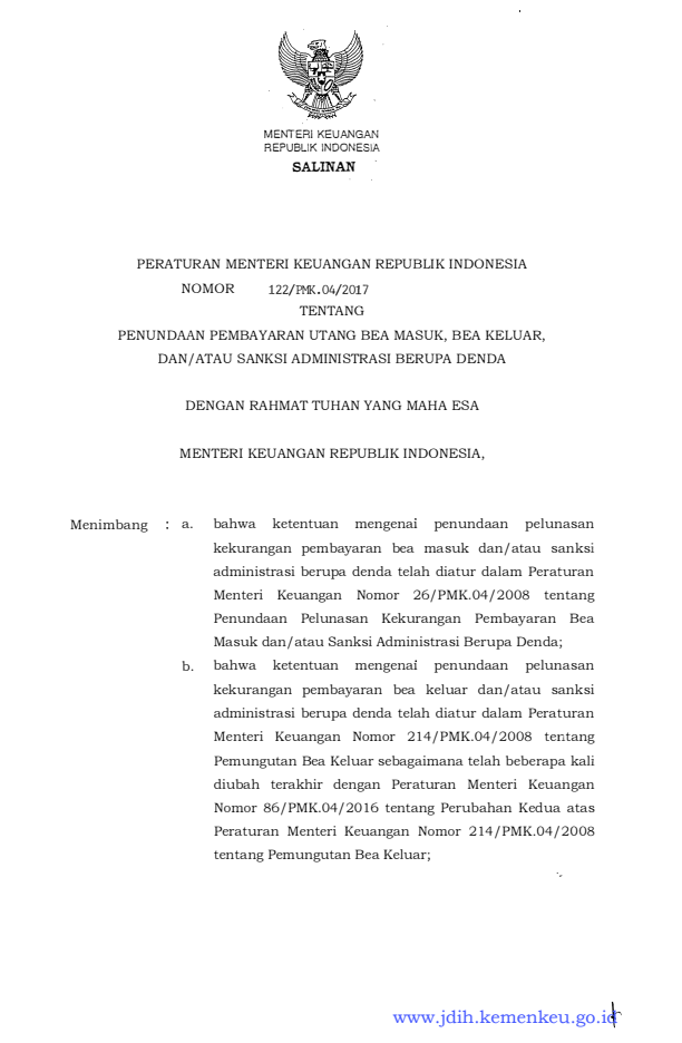 Peraturan Menteri Keuangan Nomor 122/PMK.04/2017