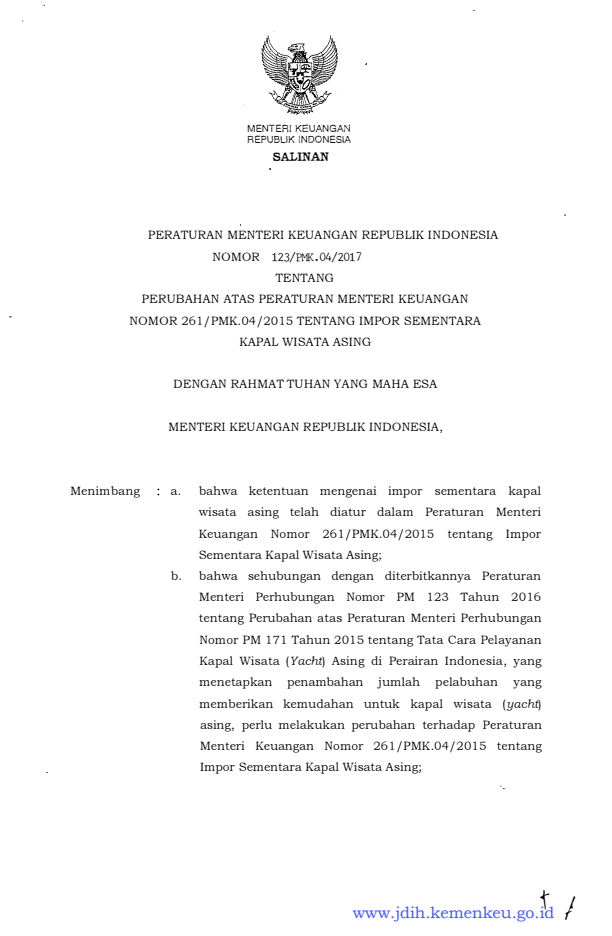 Peraturan Menteri Keuangan Nomor 123/PMK.04/2017