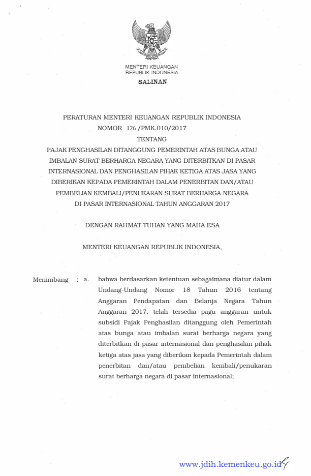 Peraturan Menteri Keuangan Nomor 126/PMK.010/2017