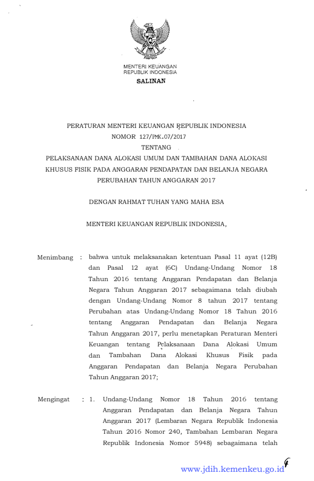 Peraturan Menteri Keuangan Nomor 127/PMK.07/2017