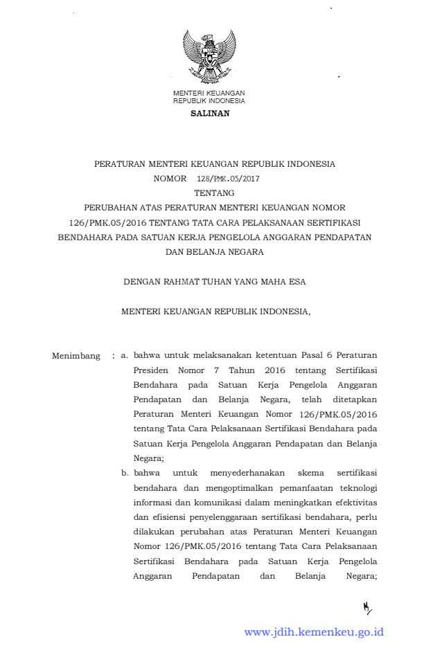 Peraturan Menteri Keuangan Nomor 128/PMK.05/2017