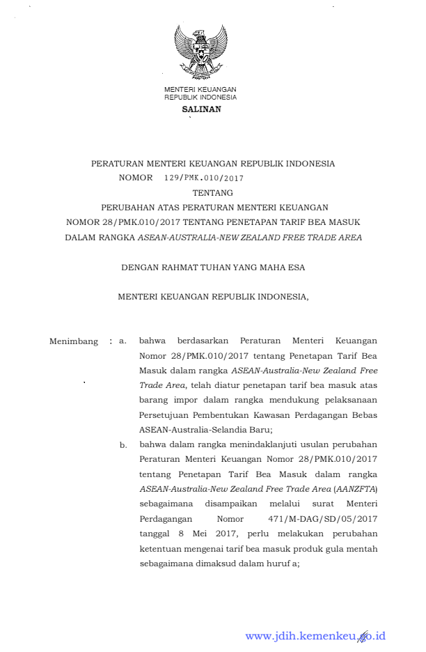 Peraturan Menteri Keuangan Nomor 129/PMK.010/2017