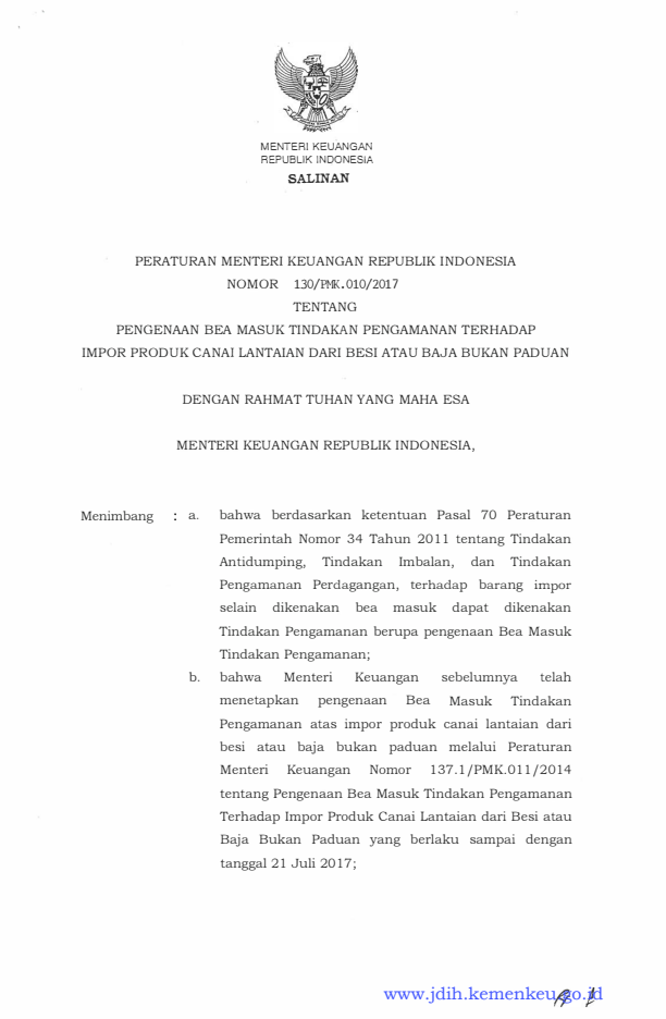 Peraturan Menteri Keuangan Nomor 130/PMK.010/2017