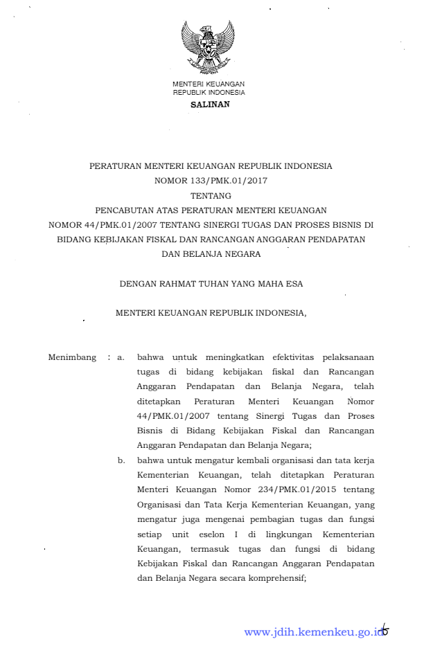 Peraturan Menteri Keuangan Nomor 133/PMK.01/2017