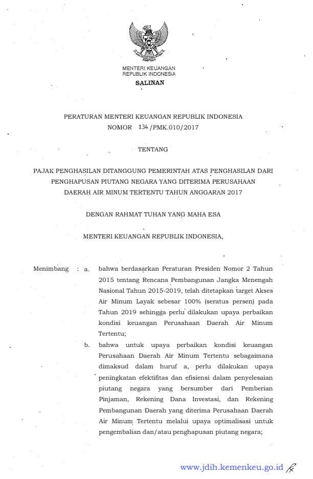 Peraturan Menteri Keuangan Nomor 134/PMK.010/2017