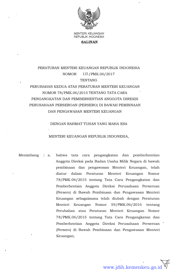 Peraturan Menteri Keuangan Nomor 135/PMK.06/2017