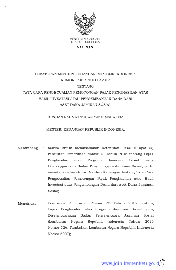 Peraturan Menteri Keuangan Nomor 140/PMK.03/2017