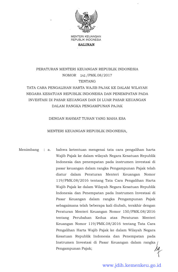 Peraturan Menteri Keuangan Nomor 141/PMK.08/2017