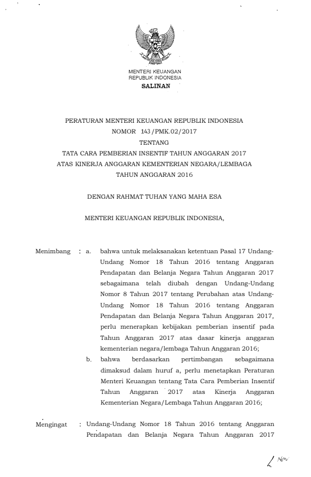 Peraturan Menteri Keuangan Nomor 143/PMK.02/2017