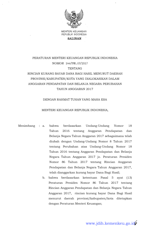 Peraturan Menteri Keuangan Nomor 144/PMK.07/2017