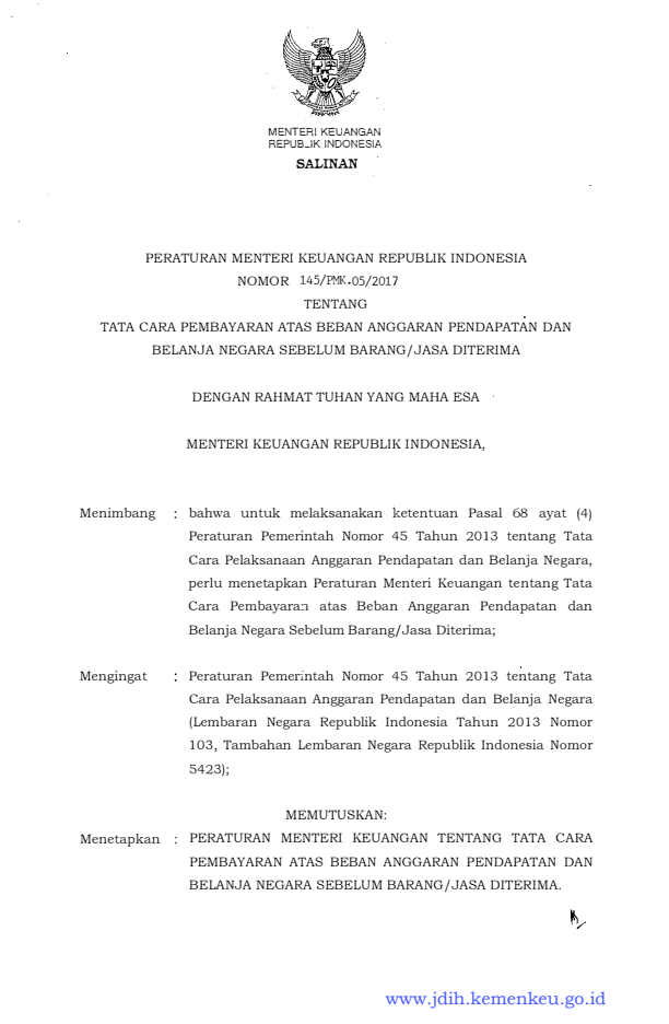 Peraturan Menteri Keuangan Nomor 145/PMK.05/2017