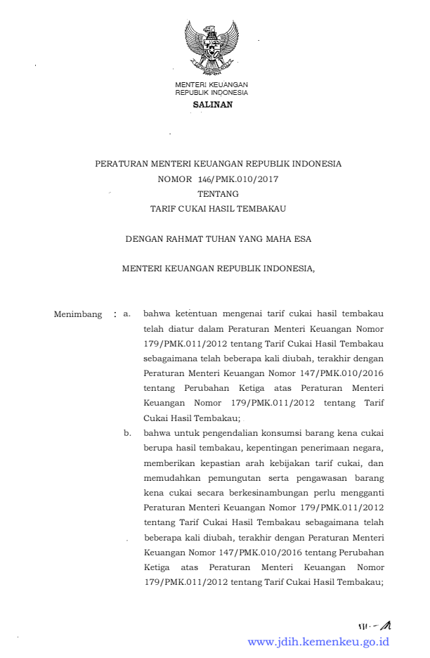 Peraturan Menteri Keuangan Nomor 146/PMK.010/2017