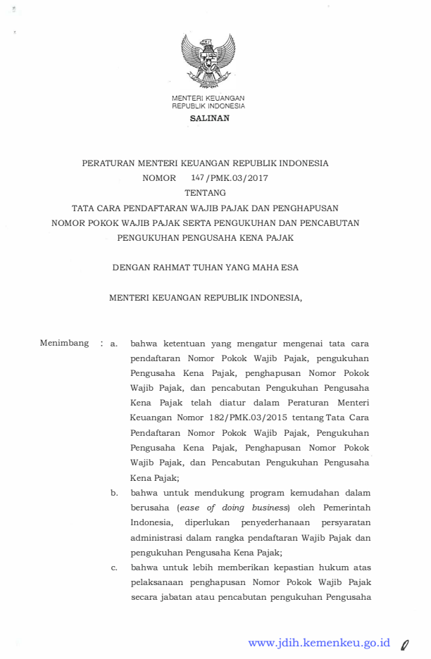 Peraturan Menteri Keuangan Nomor 147/PMK.03/2017