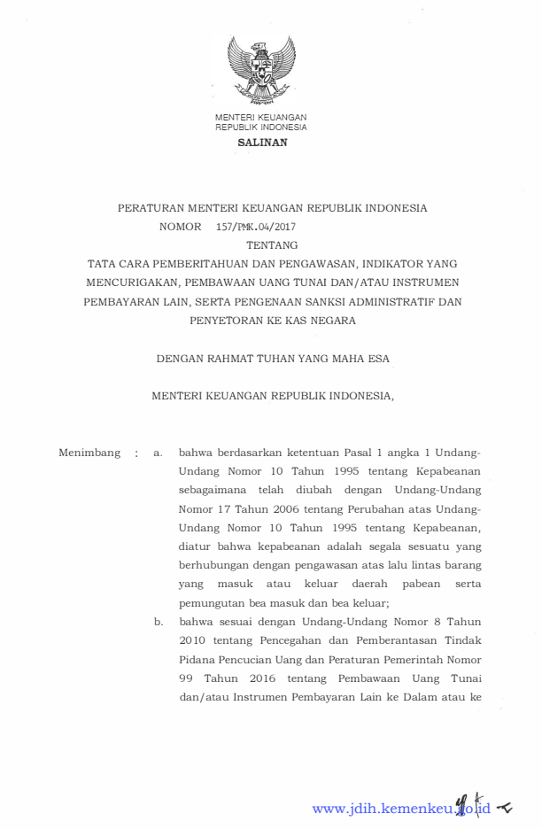 Peraturan Menteri Keuangan Nomor 157/PMK.04/2017