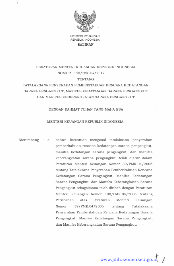 Peraturan Menteri Keuangan Nomor 158/PMK.04/2017