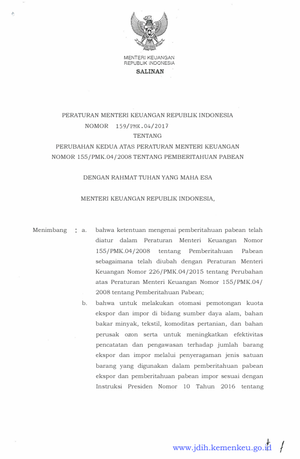 Peraturan Menteri Keuangan Nomor 159/PMK.04/2017