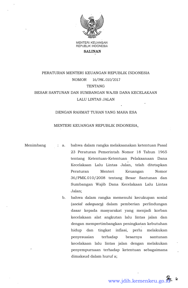 Peraturan Menteri Keuangan Nomor 16/PMK.010/2017