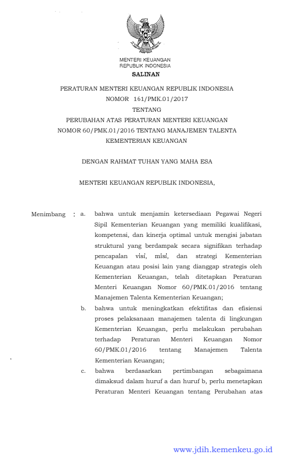 Peraturan Menteri Keuangan Nomor 161/PMK.01/2017