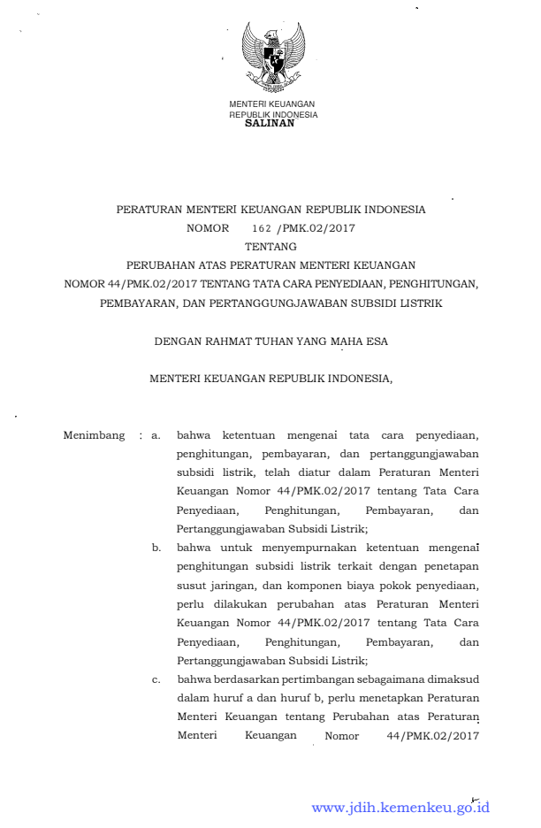 Peraturan Menteri Keuangan Nomor 162/PMK.02/2017