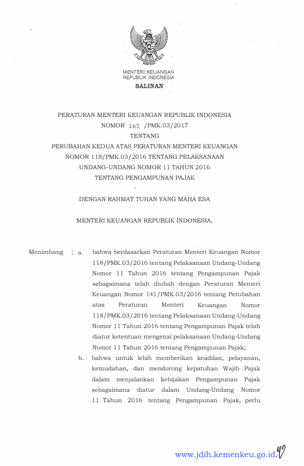 Peraturan Menteri Keuangan Nomor 165/PMK.03/2017