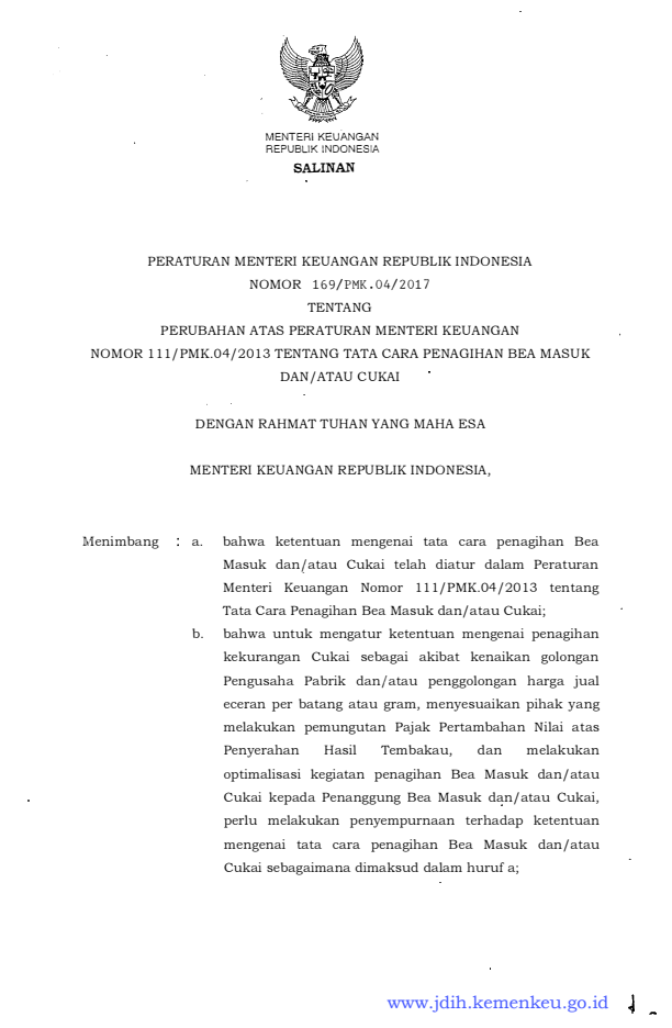 Peraturan Menteri Keuangan Nomor 169/PMK.04/2017