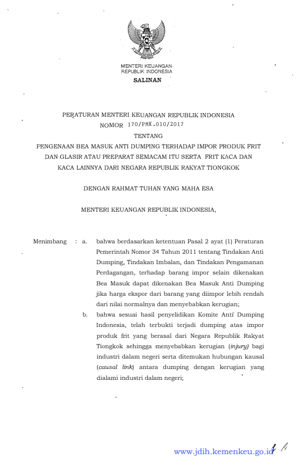 Peraturan Menteri Keuangan Nomor 170/PMK.010/2017