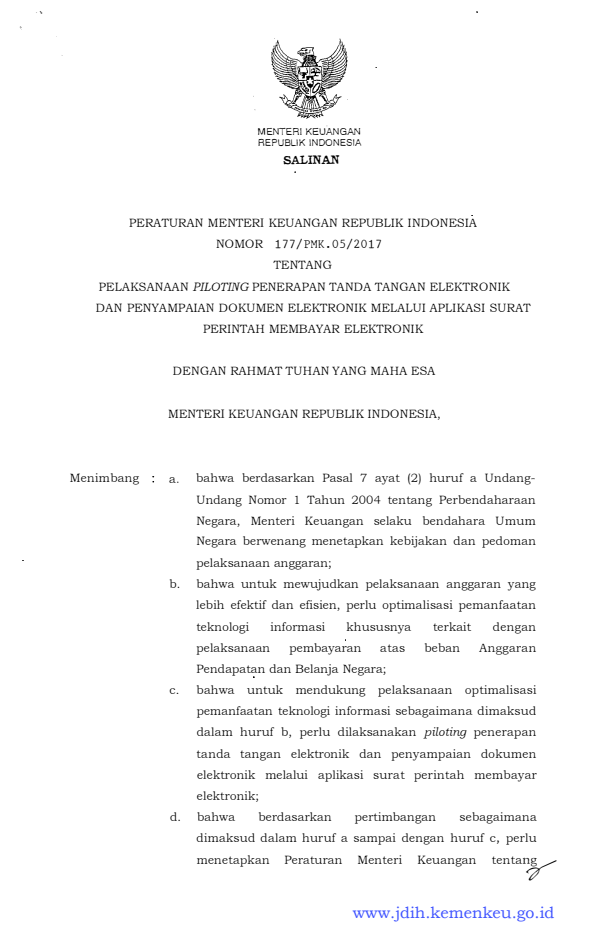 Peraturan Menteri Keuangan Nomor 177/PMK.05/2017