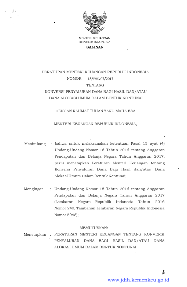 Peraturan Menteri Keuangan Nomor 18/PMK.07/2017