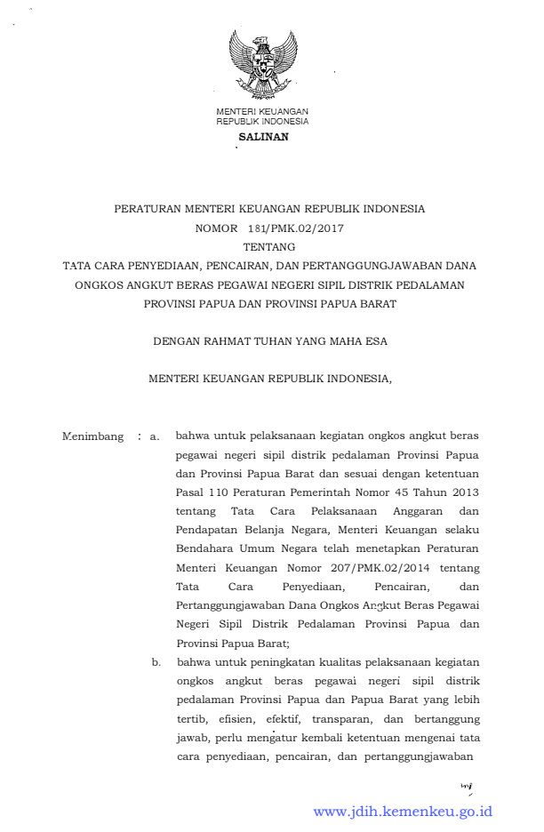 Peraturan Menteri Keuangan Nomor 181/PMK.02/2017