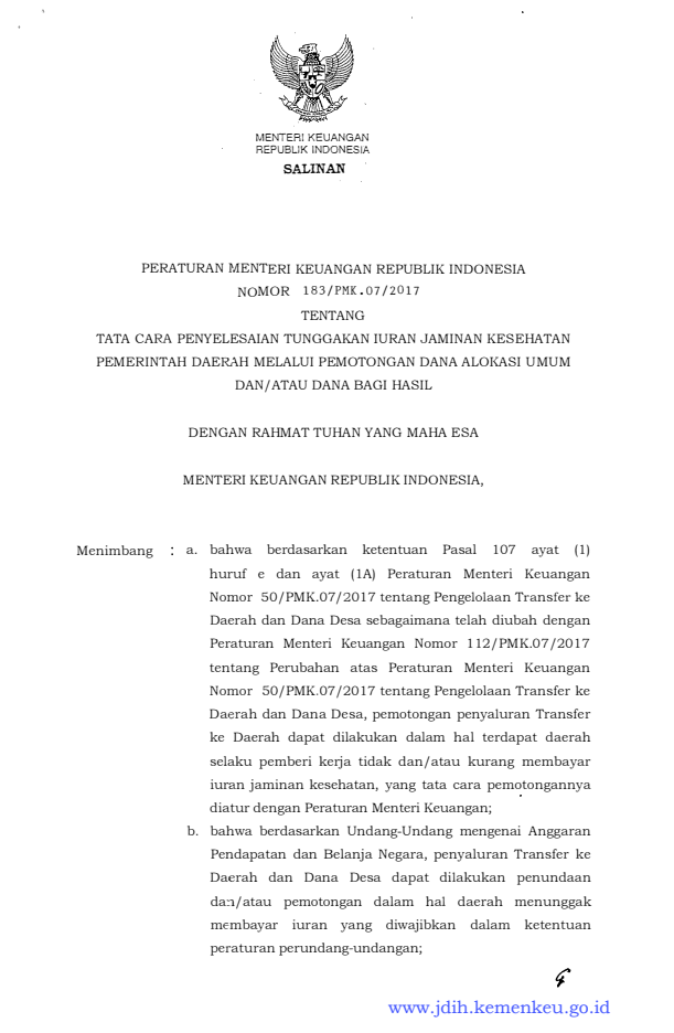 Peraturan Menteri Keuangan Nomor 183/PMK.07/2017