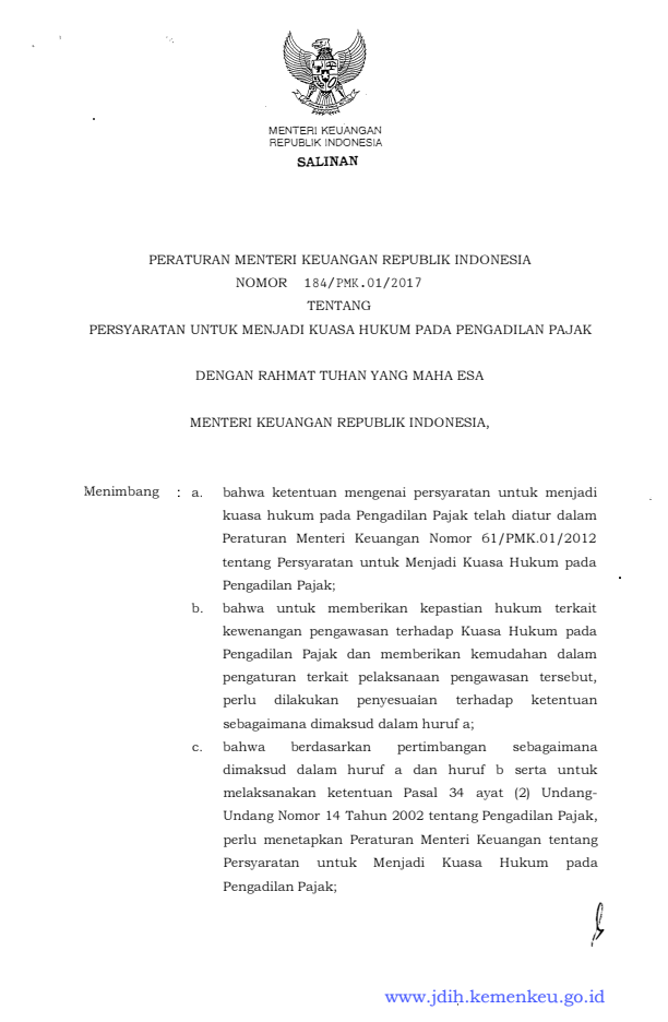 Peraturan Menteri Keuangan Nomor 184/PMK.01/2017