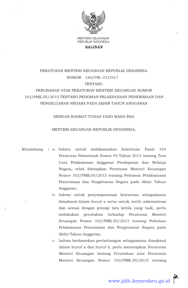 Peraturan Menteri Keuangan Nomor 186/PMK.05/2017