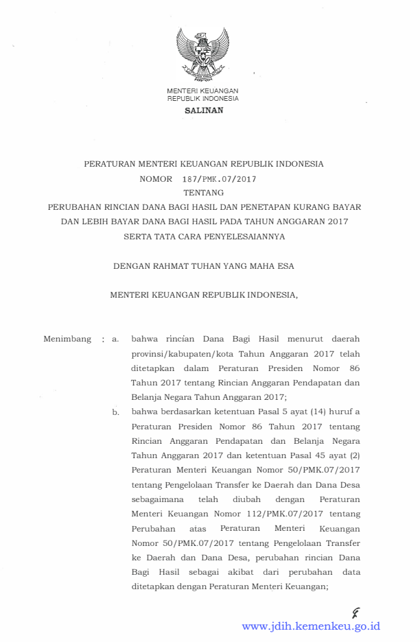 Peraturan Menteri Keuangan Nomor 187/PMK.07/2017